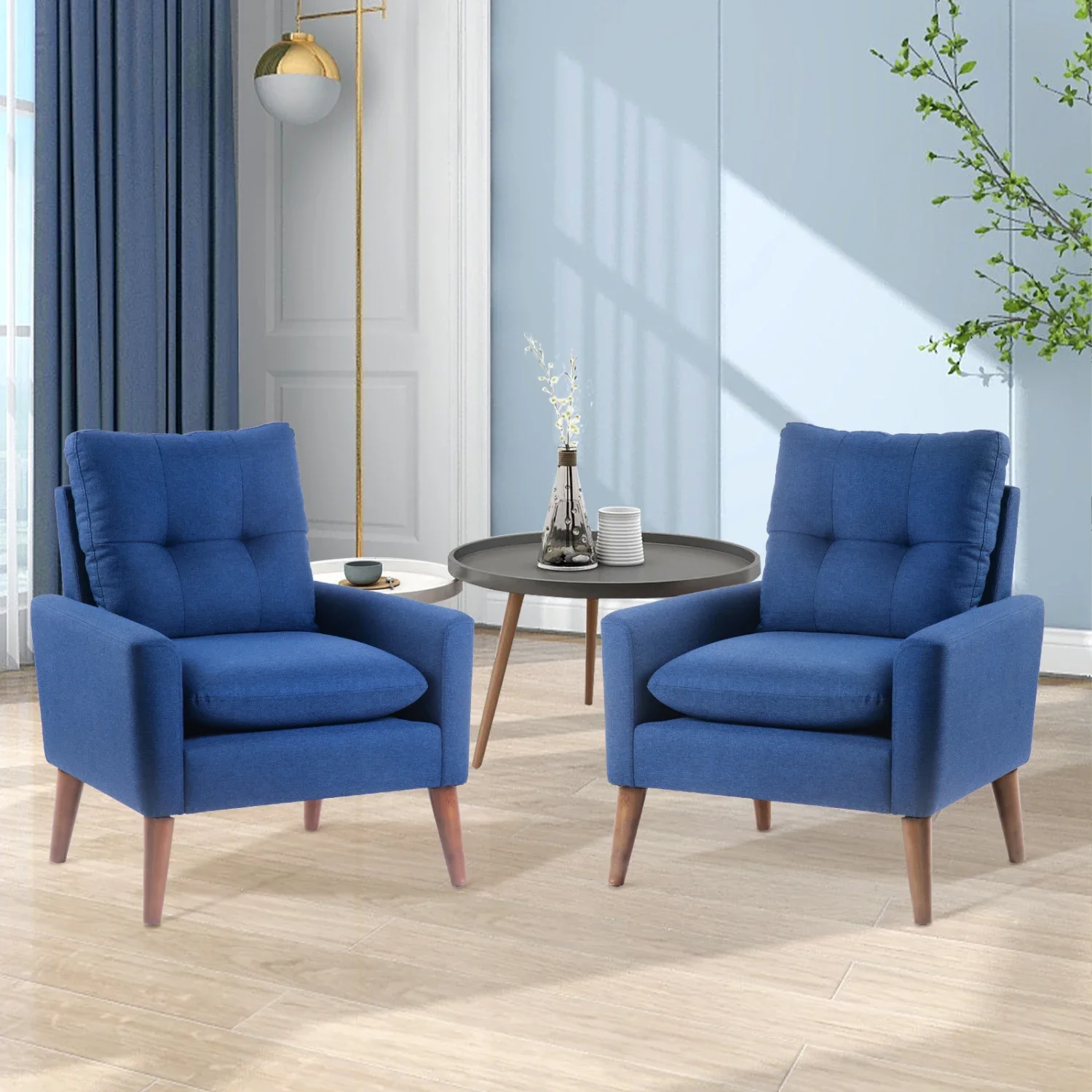 Set of 2 Modern Blue Upholstered Accent Chairs with Comfortable Pillows, Stylish Armrests, and Wooden Legs - Single Sofa for Liv
Set of 2 Modern Blue Upholstered Accent Chairs with Comfortable Pillows, Stylish Armrests, and Wooden Legs - Single Sofa for Liv