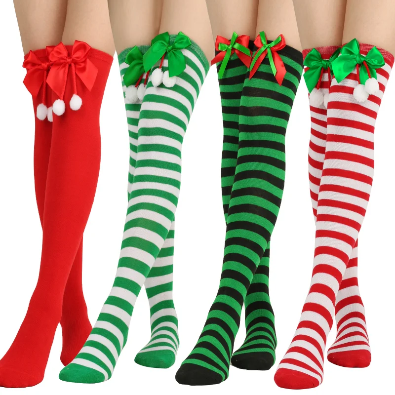 

New Bowknot Thigh High Over The Knee High Socks Women Striped Long Stockings Cotton Knit Tall Leg Warmers Sock Christmas Gifts