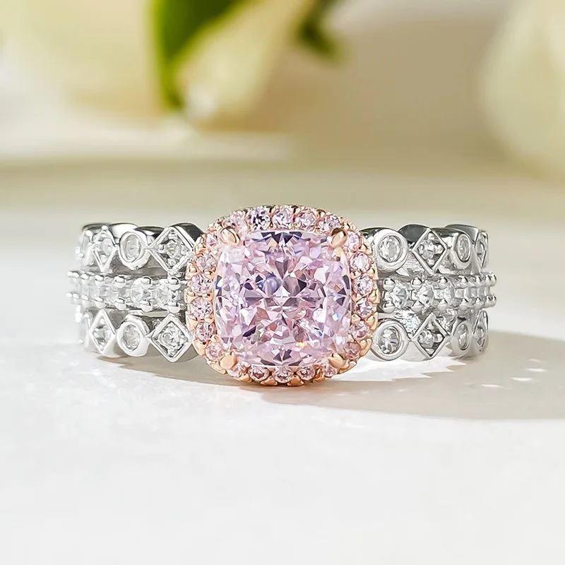 

2023 New Imported High Carbon Diamond 6 * 6 Radian Pink Diamond Ring Women's Fashion Versatile Daily Style
