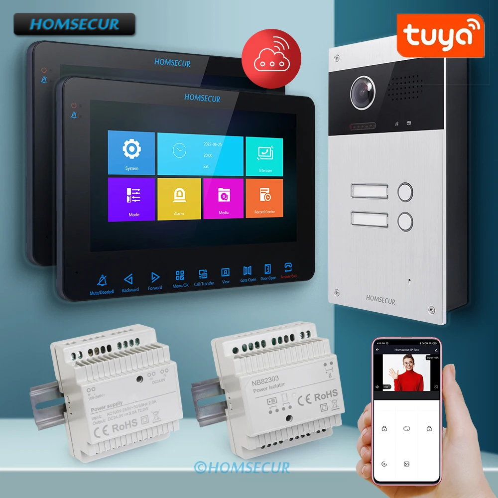 

HOMSECUR Tuya WIFI 2 Wire 7" Video Door Phone Intercom System Call Transfer Flush Mount Doorbell Camera IP65 for 2 Families