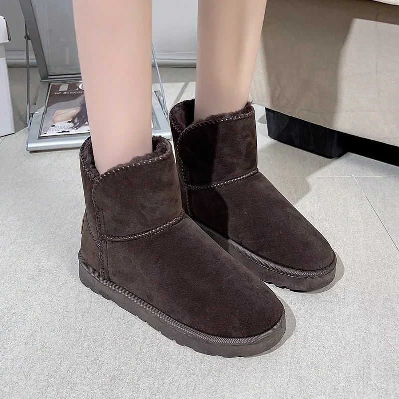 

2023 Fashion Shoes Female Slip on Women' Boots Winter Round Toe Solid Flock Plush Warm Comfortable Concise Low-heeled Snow Boots