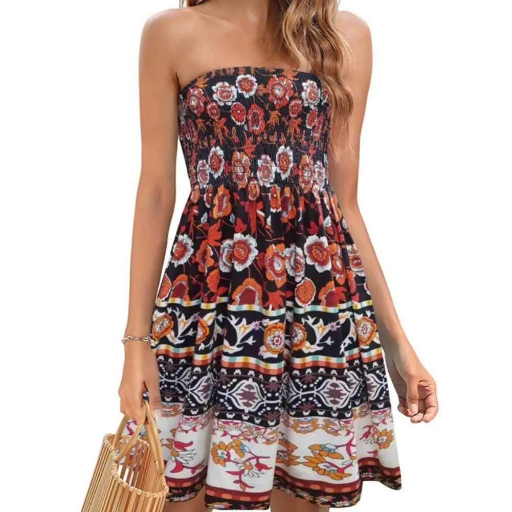 Women Dress Off Shoulder Bandeau Sleeveless Backless Bohemian Printed A-line Elastic Bust Knee Length Dress
Women Dress Off Shoulder Bandeau Sleeveless Backless Bohemian Printed A-line Elastic Bust Knee Length Dress