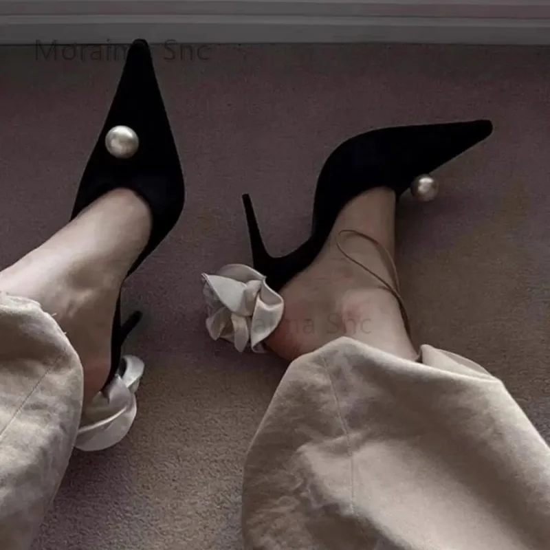Women's Black Satin High Heels Slippers with Pearl Spring Summer Pointed Toe Stiletto Heels Mules Party White Rose Sandals
Women's Black Satin High Heels Slippers with Pearl Spring Summer Pointed Toe Stiletto Heels Mules Party White Rose Sandals