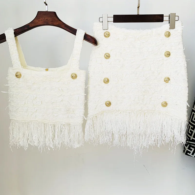 Summer Women Y2K Short Crop Strap Top Tweed Matching Set Tassels Quality Sexy Club Two Pieces Suit 
Summer Women Y2K Short Crop Strap Top Tweed Matching Set Tassels Quality Sexy Club Two Pieces Suit