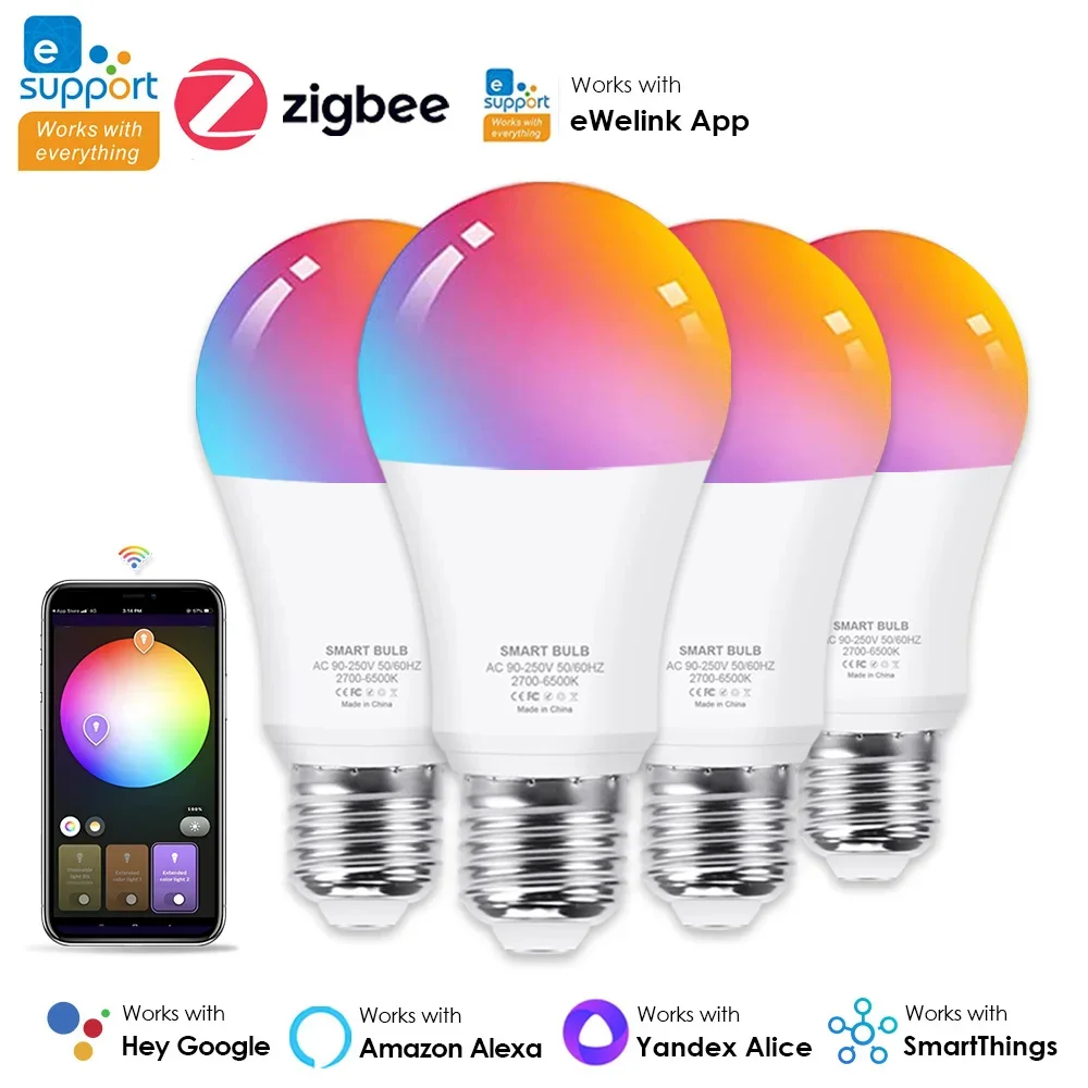 

1pc For Zigbee Smart Dimmable Bulb 85-265V LED Light E27 RGB Lamp Support Alexa Alice Smartthings Google Assistant Voice Control