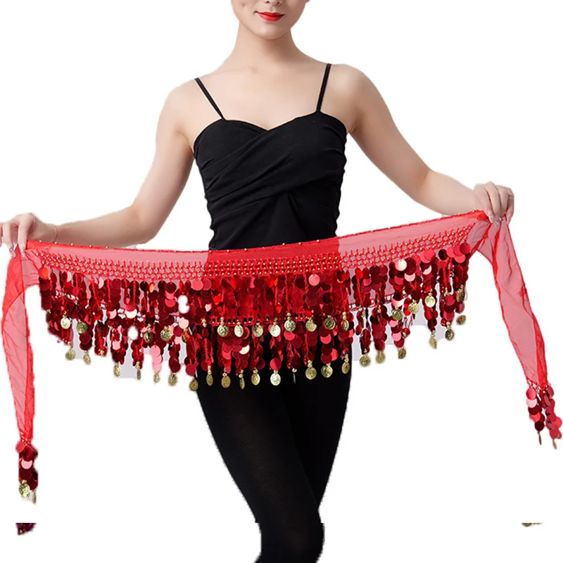 

Belly Dance Color Sequin Film Hip Scarf Skirt with Gold Coins for Women Chiffon Belly Dancer Costume Wrap Gypsy Belt