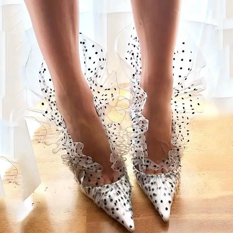 

New Arrivals Pointed Toe Pvc Polka Dots Embellished Sequin Flower Lace Stiletto Pumps Mesh Ruched Designer Slip-On Shoes Lady