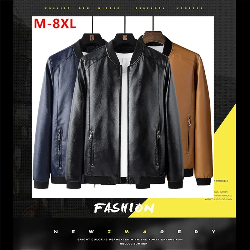 

8XL Motorcycle Jacket For Men Baseball Collar Faux Leather Clothing Plus Size 6XL 7XL Windbreaker Business Autumn Bomber PU Coat