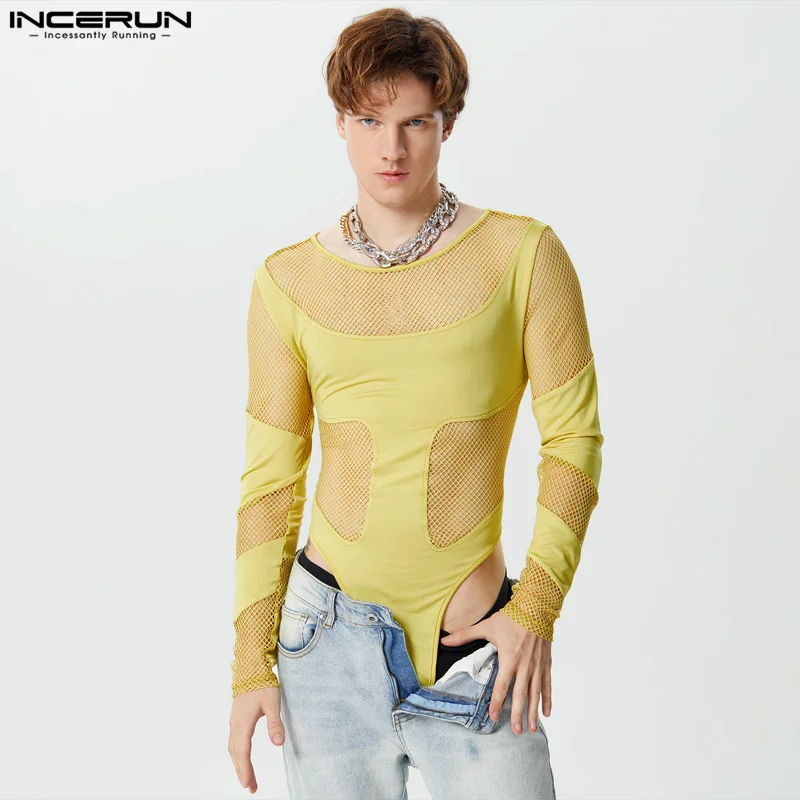 

INCERUN 2024 Sexy Style Men's Rompers See-through Mesh Spliced Triangle Jumpsuits Fashion Male Thin Long Sleeved Bodysuits S-3XL