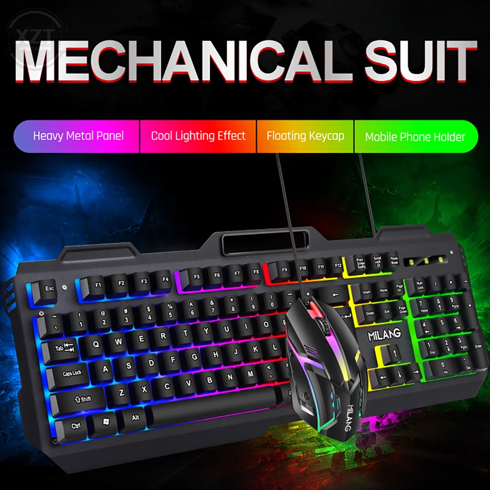 

2023 T806 Metal Iron Plate Manipulator Feel Game Usb Wired teclado Colorful Luminous Suspension Keycaps Keyboard Mouse Set
