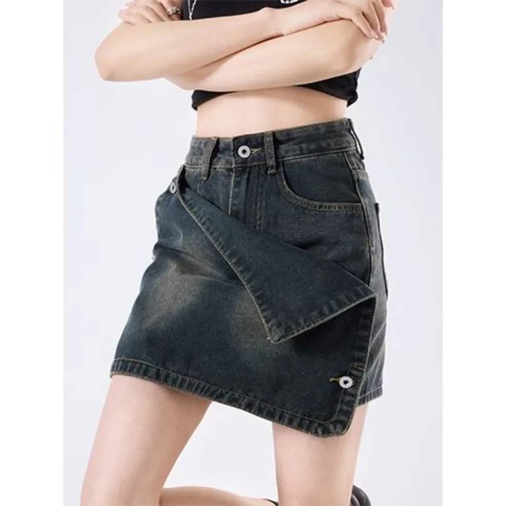 

2024 summer new high-waisted denim short skirt female Slim design sense removable American a word package hip skirt