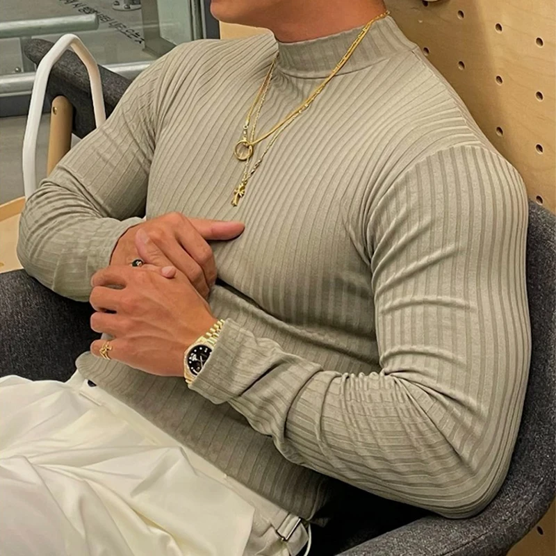 Men Clothing Casual High Elastic Basic Tops Gym Male Fashion Long Sleeve Striped Pullovers Streetwear Turtleneck Shirts Tees
Men Clothing Casual High Elastic Basic Tops Gym Male Fashion Long Sleeve Striped Pullovers Streetwear Turtleneck Shirts Tees