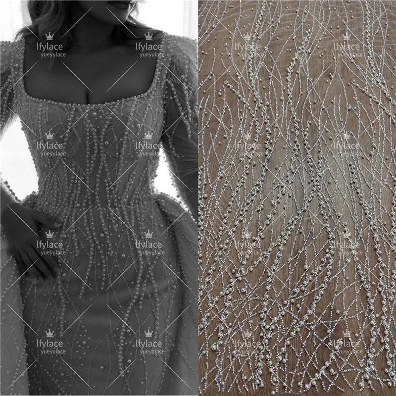 

High Quality Hand Sew Pearls Off White Unique Wedding Dress Embroidery Beaded Sequins Lace Fabric Sell By 1 Yard