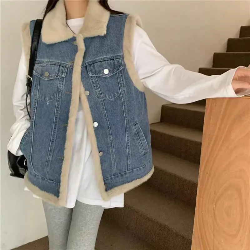 

Lamb's Wool Denim Vest Women Fleece Sleeveless Jacket Cardigan Y2k Clothes Waistcoat Korean Chic Tops Coats Vests New