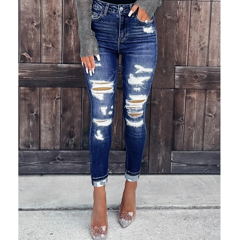 

2023 Spring Summer Hollow Out Hole Bleached Slim Pencil Ankle Denim Pants Jeans Zipper Fly Cutout Ripped Skinny Jeans Slim Women