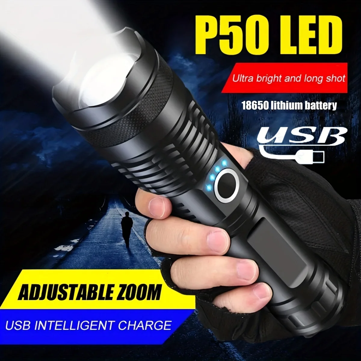 

Powerful XHP50 LED Flashlight 5 Modes 18650 Rechargeable Flashlights Waterproof Torch Zoomable Aluminium Alloy Flashlight