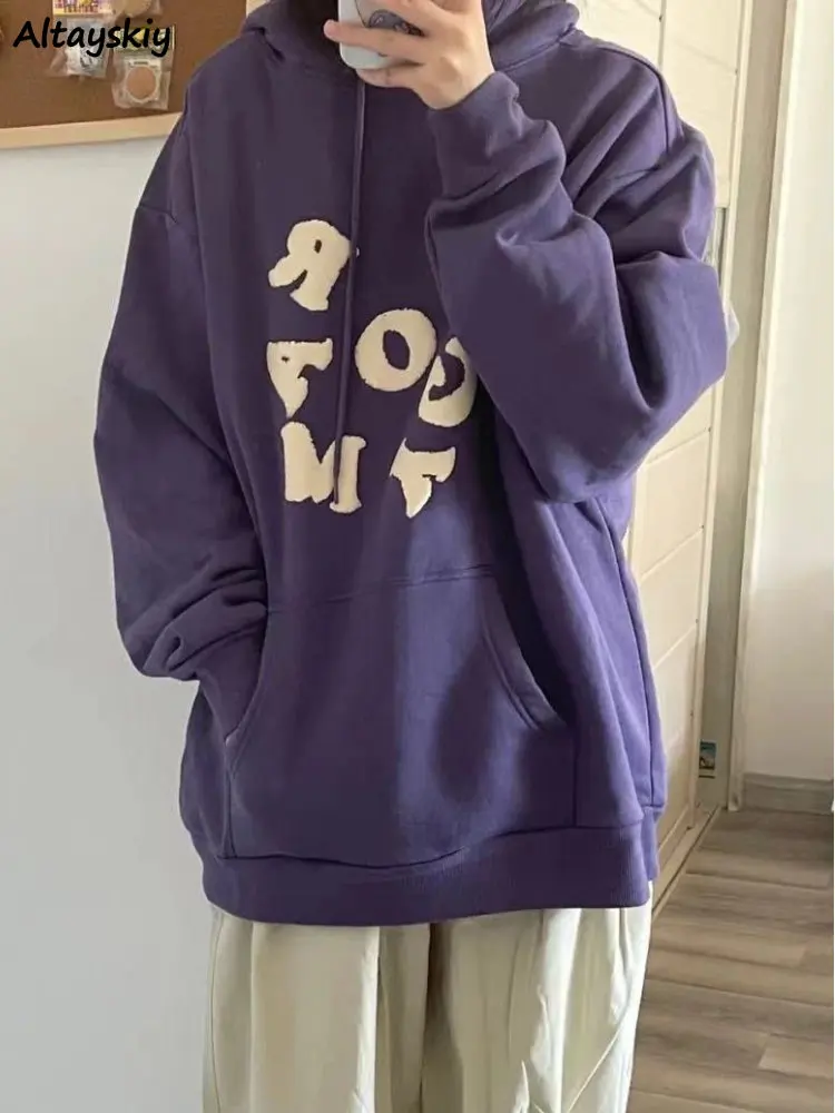 

With Hat Hoodies Women Letter Streetwear Casual Kangaroo Pockets Students Loose Purple All-match Fashion Korean Ins Chic College