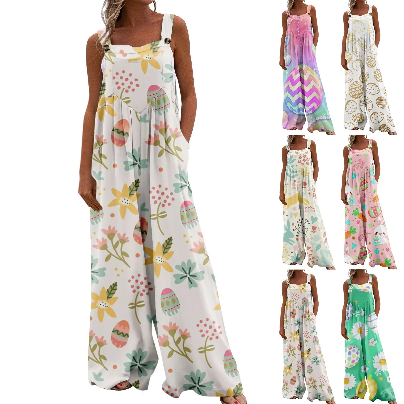 

Women's Overalls Casual Funny Printed Wide Leg Jumpsuits Bib Rompers Sleeveless Straps With Pockets Outfits فساتين ميدي