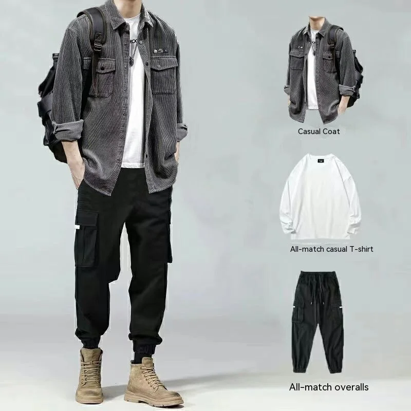 Spring and Autumn Korean Men's Trendy Workwear Style Dark Gray Jacket Black Pants White T-Shirt Three Piece Casual Peplum Set
Spring and Autumn Korean Men's Trendy Workwear Style Dark Gray Jacket Black Pants White T-Shirt Three Piece Casual Peplum Set