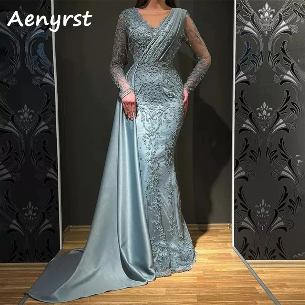 

Aenyrst V Neck Long Sleeves Saudi Arabia Prom Dresses Mermaid Appliques Lace Evening Gown Floor Length Party Dress فساتين السهرة