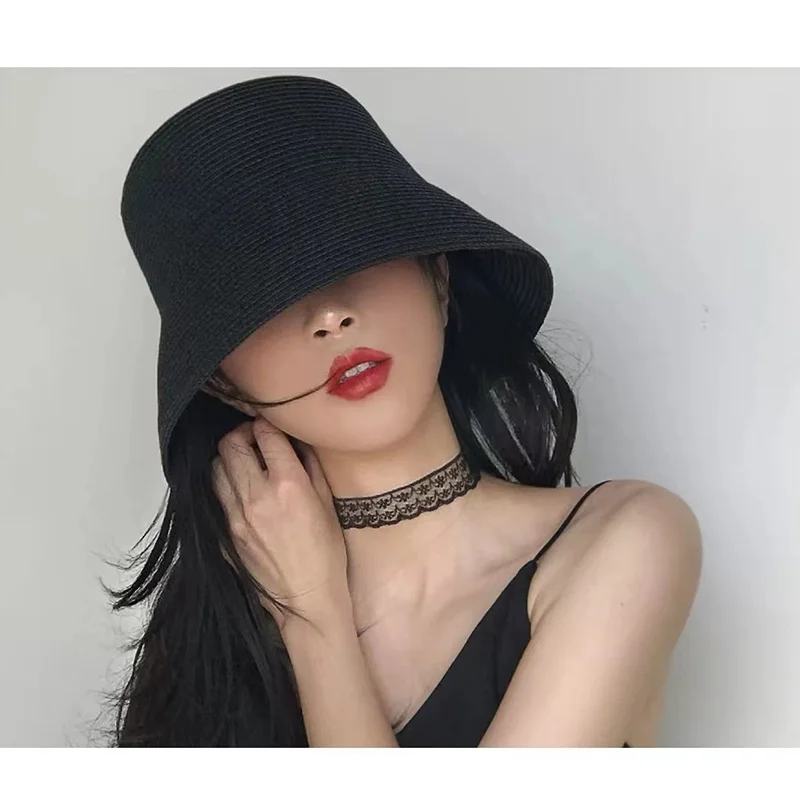 Women Vintage Straw Bucket Hat Summer Beach Women Vintage Straw Bucket Hat Summer Beach