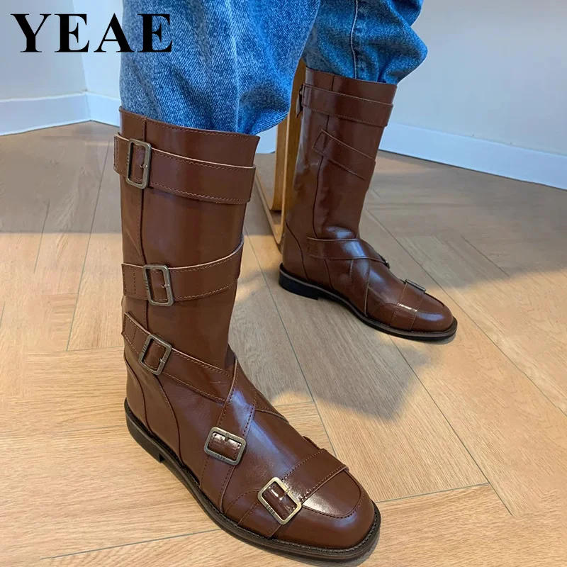 Brown Black Buckle Strap Mid Calf Boots Vintage Round Toe Flat Western Cowboy Boots Women Motorcycle Boots 2023 Female Footwear
Brown Black Buckle Strap Mid Calf Boots Vintage Round Toe Flat Western Cowboy Boots Women Motorcycle Boots 2023 Female Footwear