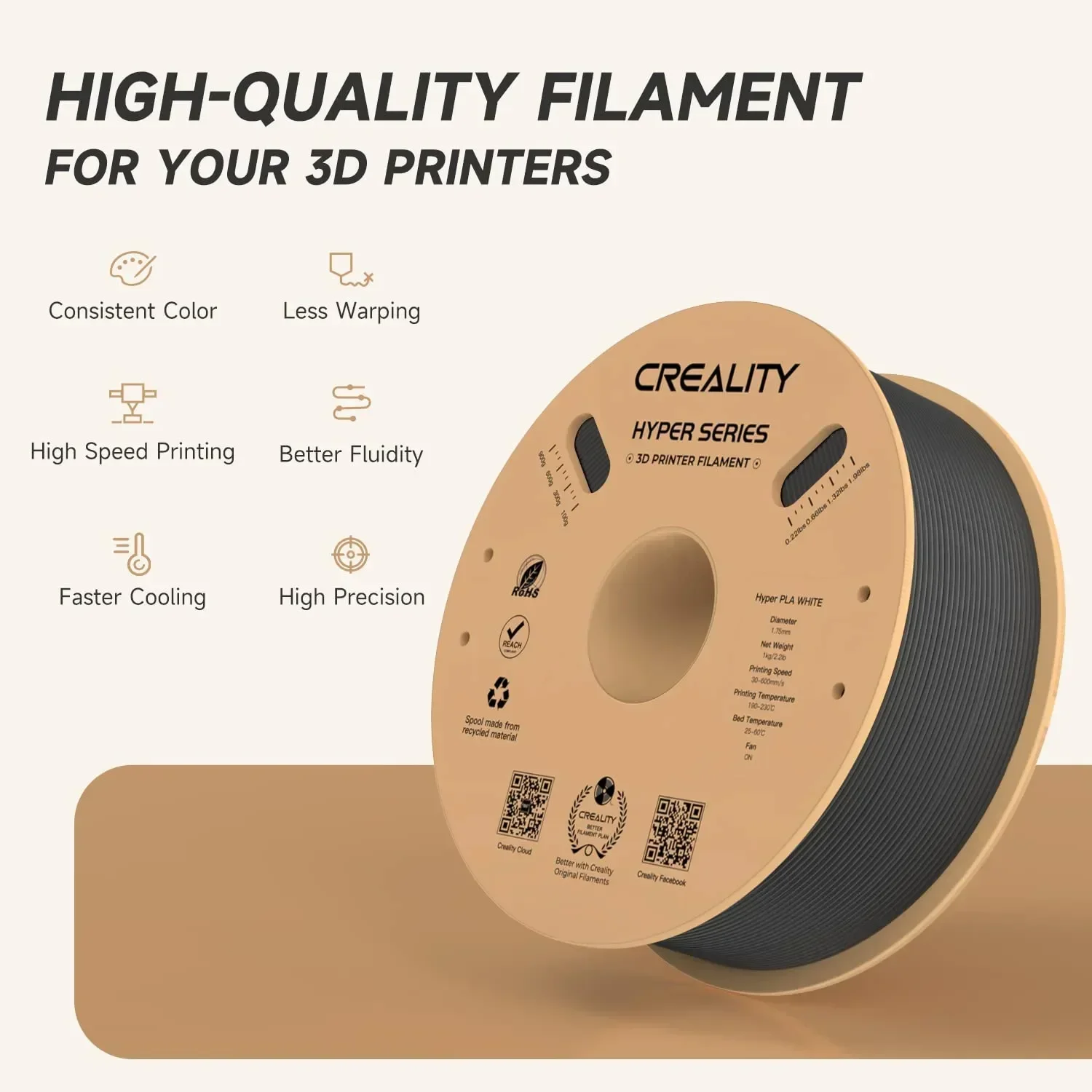 

Creality 3D PLA Filament 1.75mm Hyper PLA High Speed 30-600mm/s 3D Printer Filament 1KG Spool PLA Fit Most FDM 3D Printers