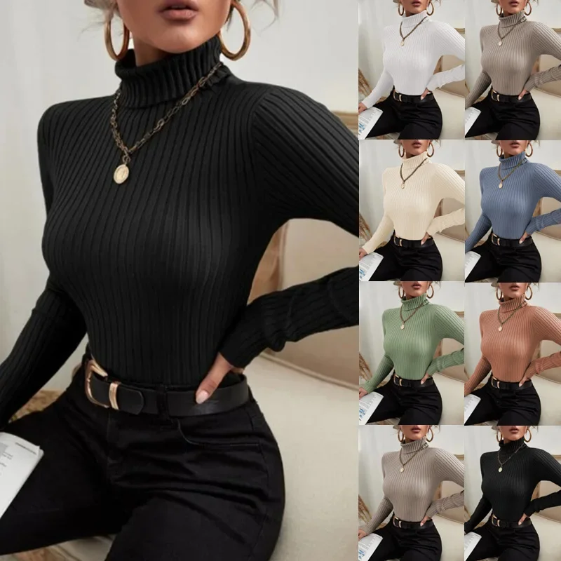 

Женский трикотажный свитер-водолазка, повседневный однотонный облегающий пуловер, элегантная уличная одежда, осень-зима 2023