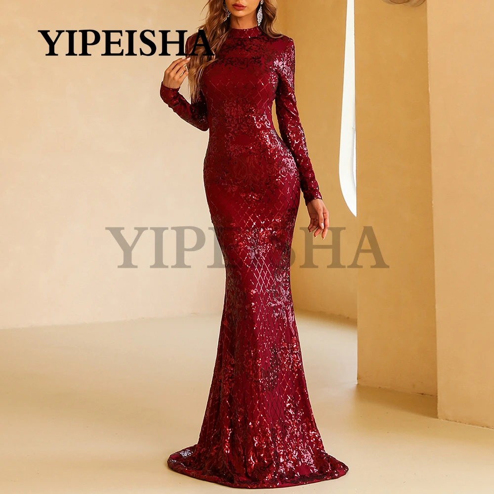 

Exquisite Burgundy Mermaid Evening Dresses High Neck Sequined Lace Party Dress Long Sleeve Prom Gown robes de soirée فساتين السه