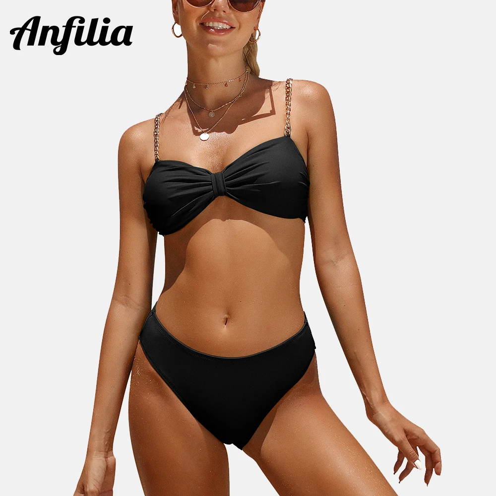 

Anfilia Women's Twist Bandeau Bikini Sexy Two Piece Bathing Suits Golden Chain Shoulder Strap Cheeky Bottom Swimwear
