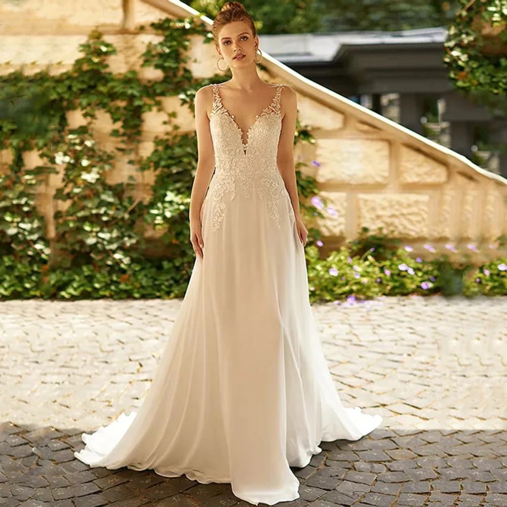 Modern Applique Chiffon Wedding Dresses A-Line Floor Length V-Neck Sleeveless Bridal Mariage Gowns Sexy Backless Zipper Dress
Modern Applique Chiffon Wedding Dresses A-Line Floor Length V-Neck Sleeveless Bridal Mariage Gowns Sexy Backless Zipper Dress