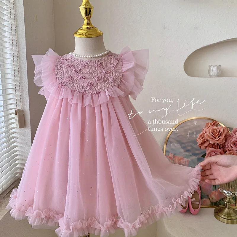 

HoneyCherry Summer Girls Flower Dress New Baby Girl Princess Dress Sleeveless Mesh Dresses Flower Girl Dresses