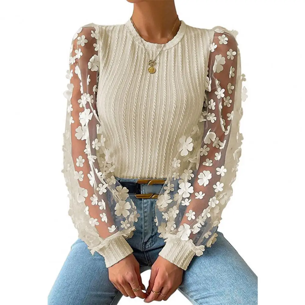 

Elegant Women Shirt See-through Mesh Flower Applique Round Neck Long Sleeve Solid Color Patchwork Twist Texture OL Commute Top