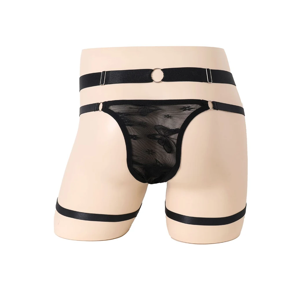

Men Sexy Leg Garter Lace Lingerie Hollow Out Thong Solid Seduction G-String Jockstrap Briefs Sleep Underwear Erotic Panties