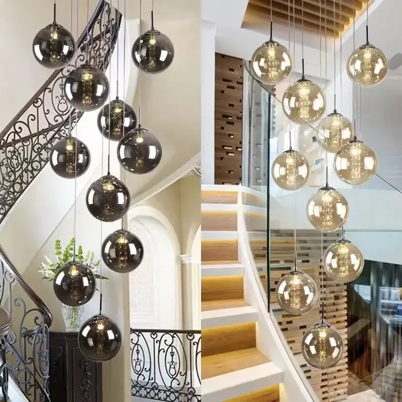 

Modern Glass Ball Staircase Chandelier for Duplex Living Room Apartment Bedroom Nordic Restaurant Kitchen Loft Spiral G4 Lamp