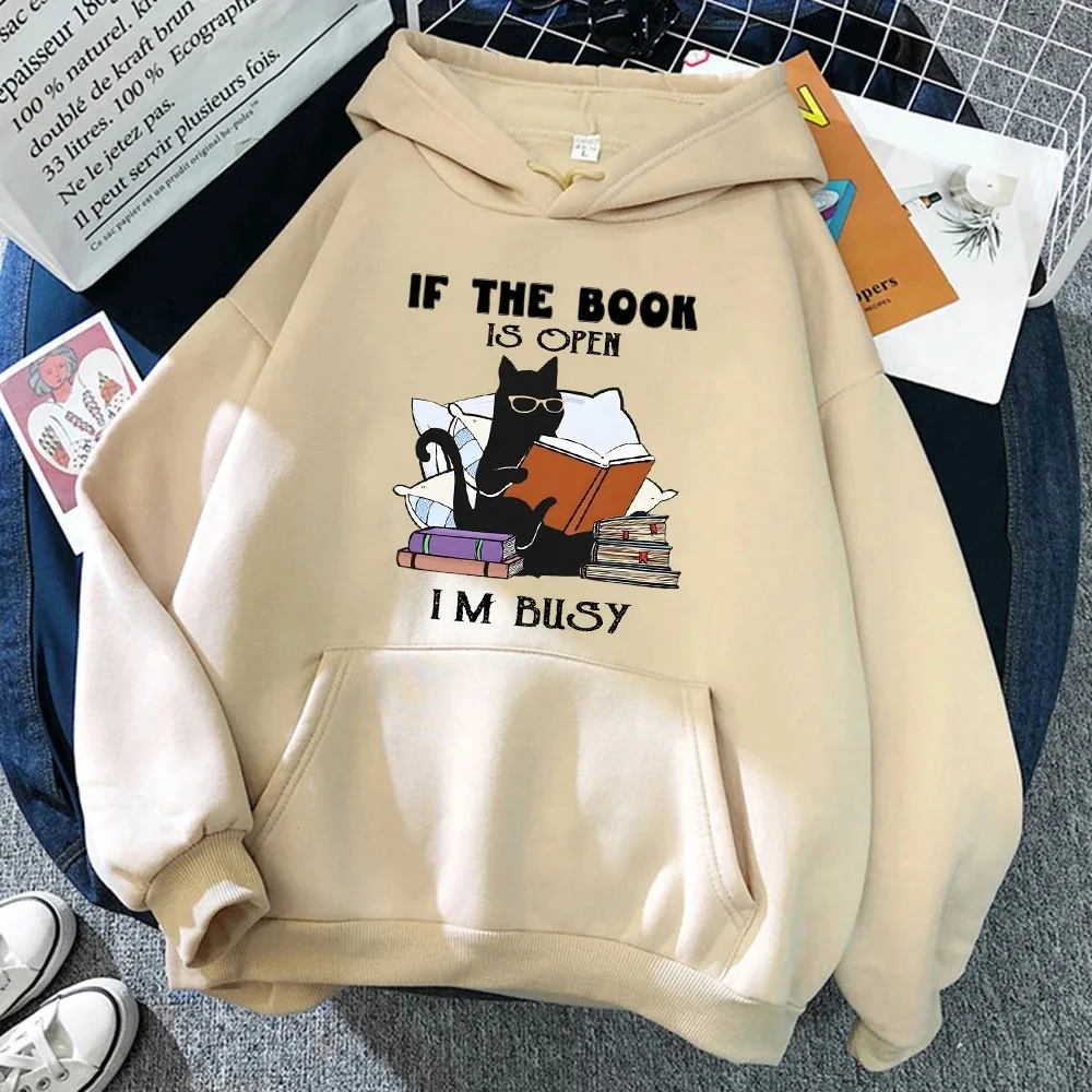 

If The Book Is Open I'm Busy Black Cat Hoody Women Men Casual Crewneck Hoodies Fashion Loose Clothes Fleece Pullover Sweatshirt