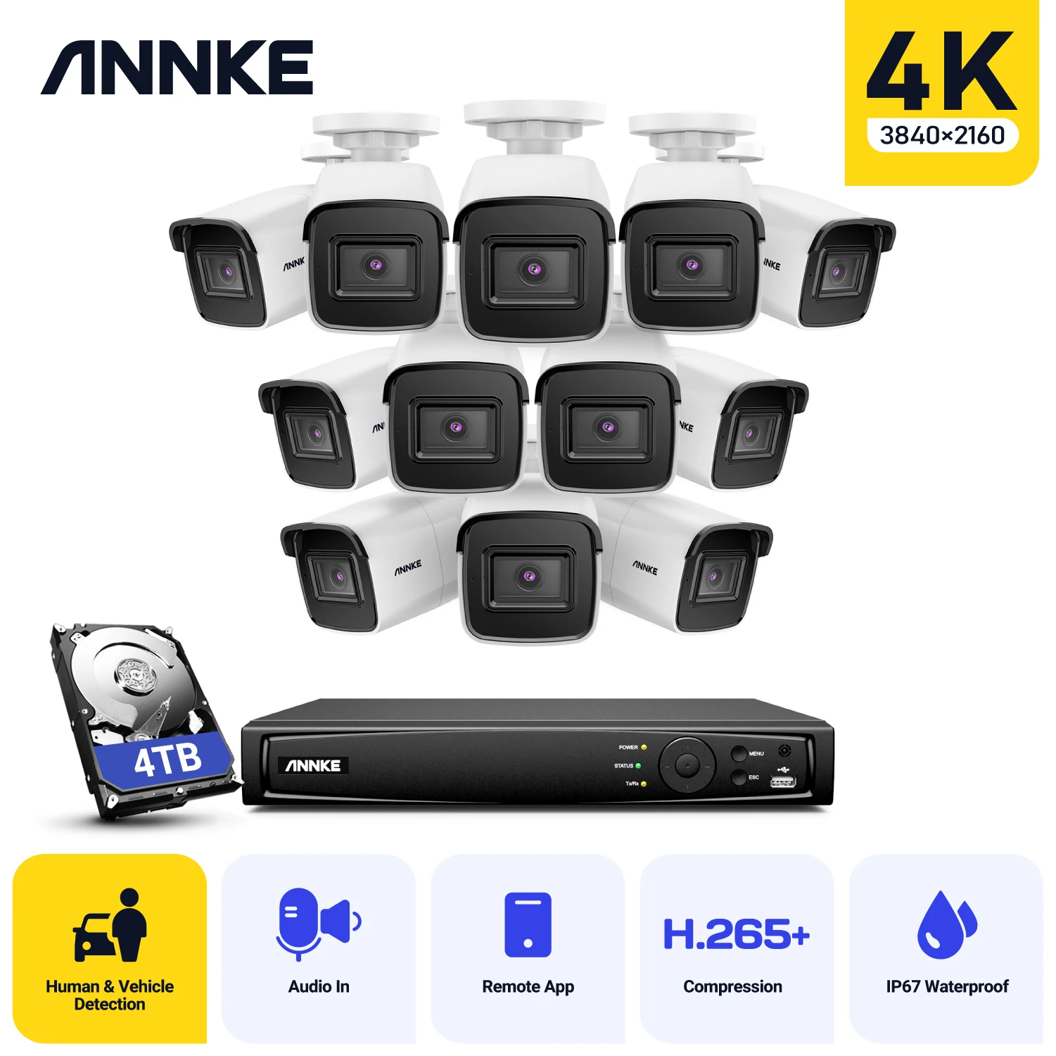 

ANNKE 16CH 4K Ultra HD POE Network Video Security System 8MP H.265 NVR With 12pcs 8MP EXIR Night Vision IP67 Bullet IP Camera