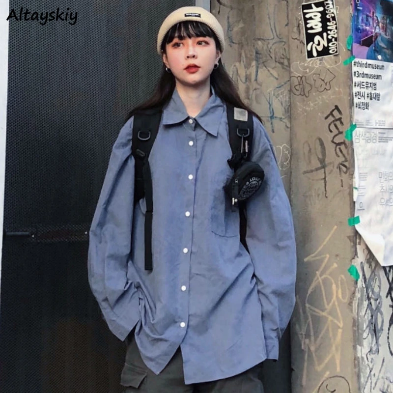 

Рубашка женская мешковатая с длинным рукавом, модная винтажная блузка в Корейском стиле для подростков, куртка бойфренда, шикарная уличная одежда, милая одежда для девушек, Y2k, весна-осень