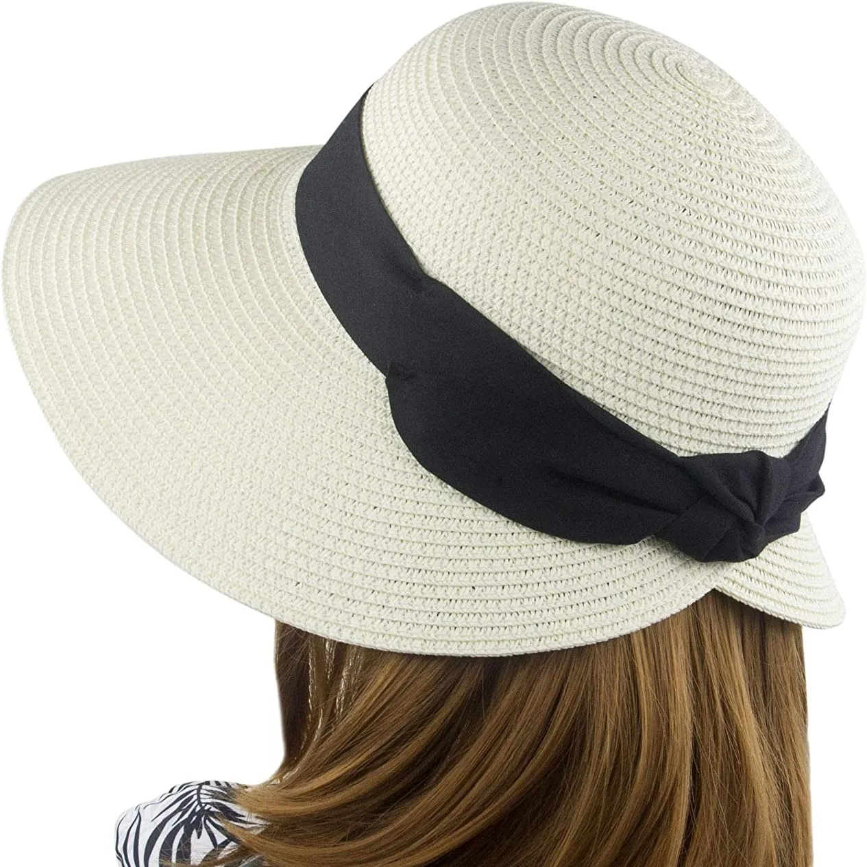 

Women's Sun Hat Wide Brim Foldable Bows Straw Hats Summer Travel Beach Panama Cap Dome Bucket Cap Breathable Visor Bonnet