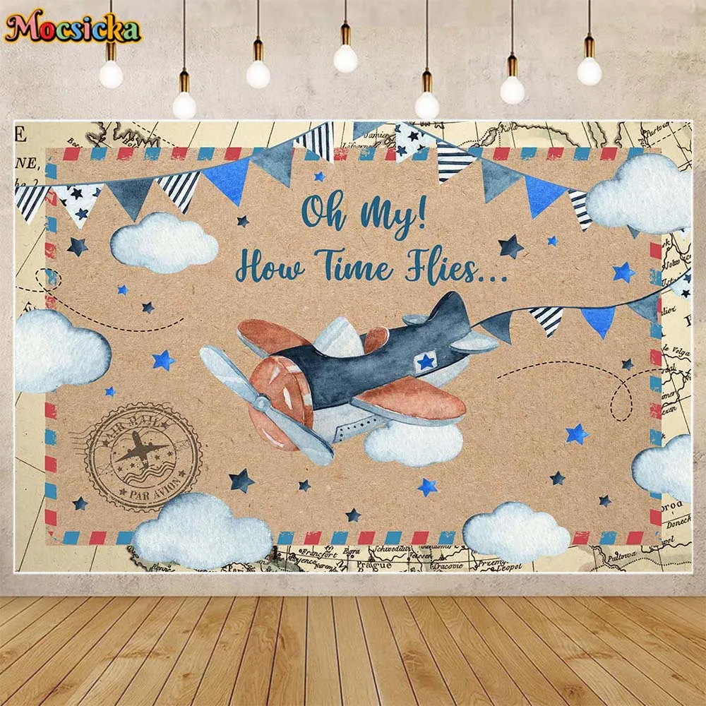 

Mocsicka How Times Flies Baby 1st Birthday Backdrop Airplane Travel Boy's First Birthday Party Decor Cake Smash Photo Background