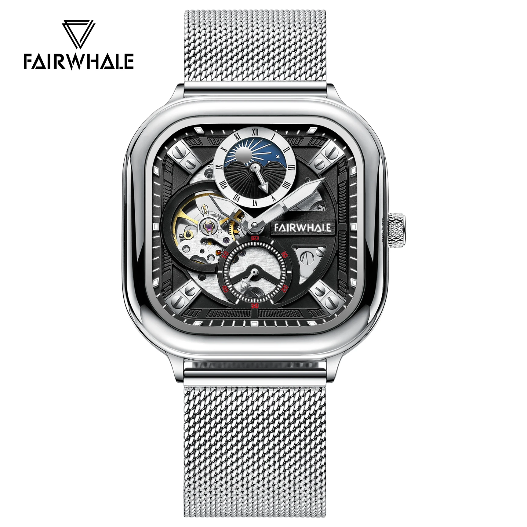 MARK FAIRWHALE Square Transparent Skeleton Automatic Watch for Men Moon Phase Sub-Dials Tourbillon Watches Mesh Steel Strap Glow
MARK FAIRWHALE Square Transparent Skeleton Automatic Watch for Men Moon Phase Sub-Dials Tourbillon Watches Mesh Steel Strap Glow
