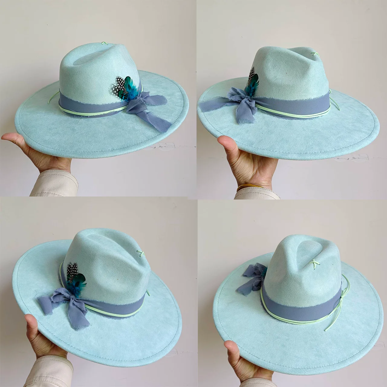 

Mint green 2024 new suede new feather accessories 9.5cm hat brim imitation wide brim jazz fedora women's hat sombrero hombre