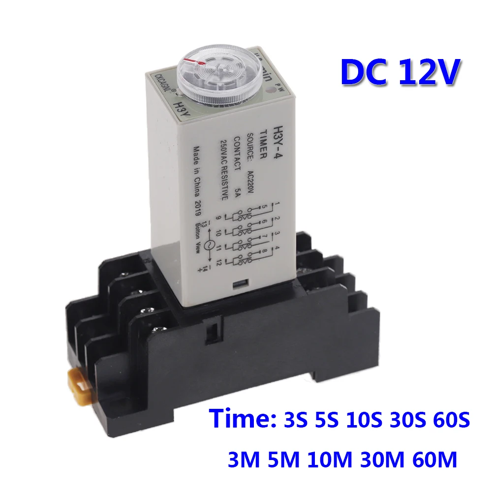 

1pcs H3Y-4 Delay Timer Time Relay DC12V 3S/5S/10S/30S/60S/3M/5M/10M/30M/60M 14 Pin with Base