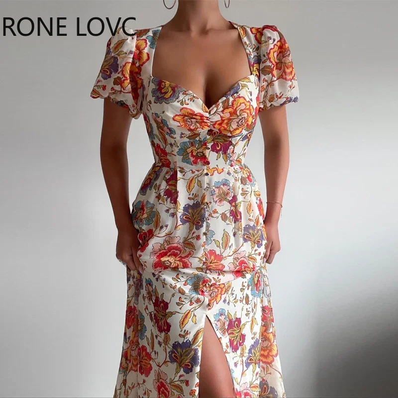 

Women Chic Short Lantern Sleeves All Over Floral Print Sweet A-line High Silt Party A-line Dress