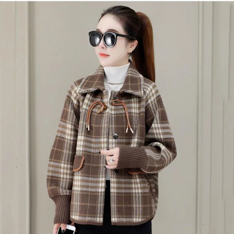 

Join Together Women's Woolen Coat 2024 Spring Autumn New Korean Loose Short Jacket Plaid Outerwear Fashion Wool Coats Lady 4XL