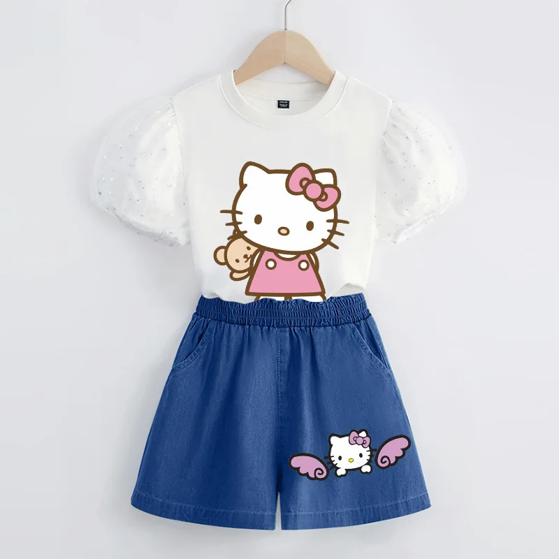

New Miniso Sanrio Hello Kitty Kids T-Shirt Summer New Cartoon Printing Baby Girl Short-Sleeved Shirt Shorts Two-Piece Set Gifts