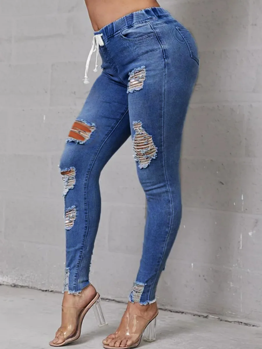 

Plus Size High-Waist High Stretchy Ripped Distressed Jeans Denim Casual Solid Basic Women Elastic Waist Daily Trousers