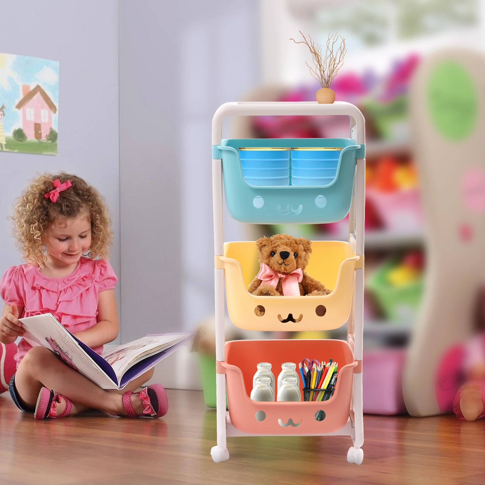 

3-Tier Kids Toy Organizer Storage Bin Box Plastic Shelf Rack Playroom Rolling, Children's Rooms Utility Cart Storage Trolley