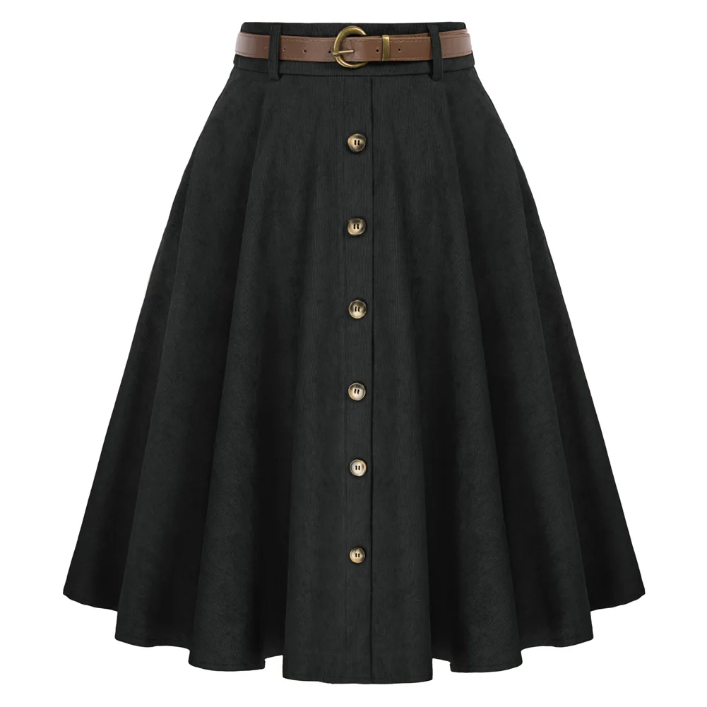 

Belle Poque Women's Vintage Midi Skirts With Pockets Belts Elegant Lady High Waist A-Line Flared Skirt Retro Office Workwear A30