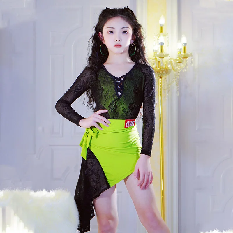 

New Latin Dance Clothes For Kids Black Gauze Green Skirt Professional Rumba Practice Clothing Samba Tango Salsa Dress DWY8525